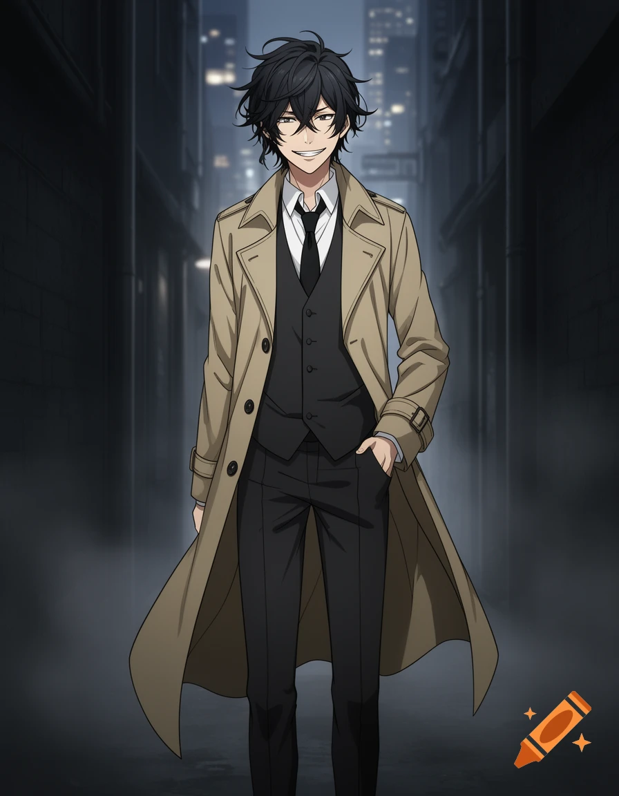 An anime man with messy black hair, wearing a tan trench coat over a black suit, smiles in a dark urban alley.