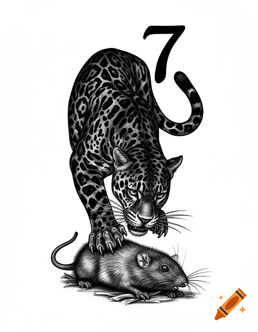 Blackwork tattoo flash illustration of a jaguar lunging onto a rat, with the jaguar's tail forming the number 7.
