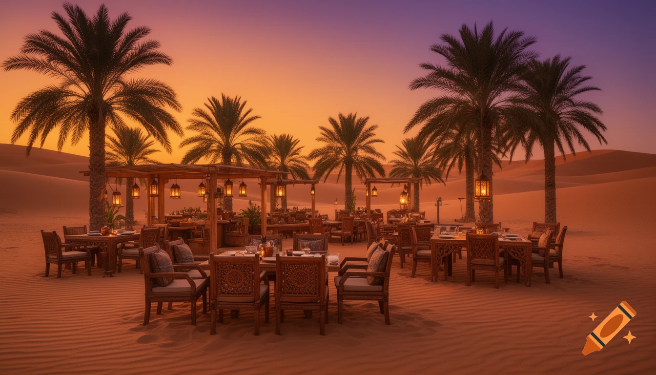 A luxurious desert cafe with wooden tables, chairs, and warm glowing lanterns among palm trees and golden sand dunes at sunset under an orange and purple sky.