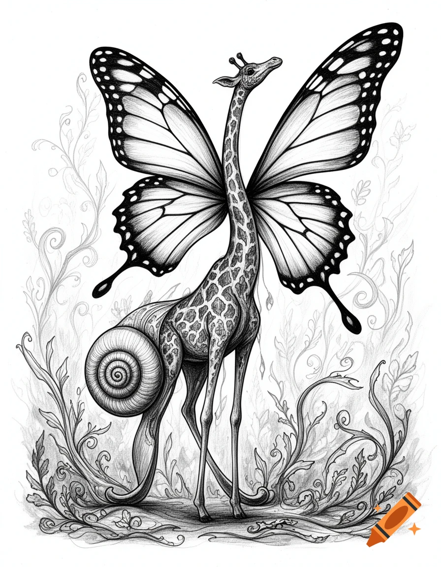 Black and white drawing of a fantastical creature, a giraffe with butterfly wings and a snail shell on its back, amidst swirling plants.