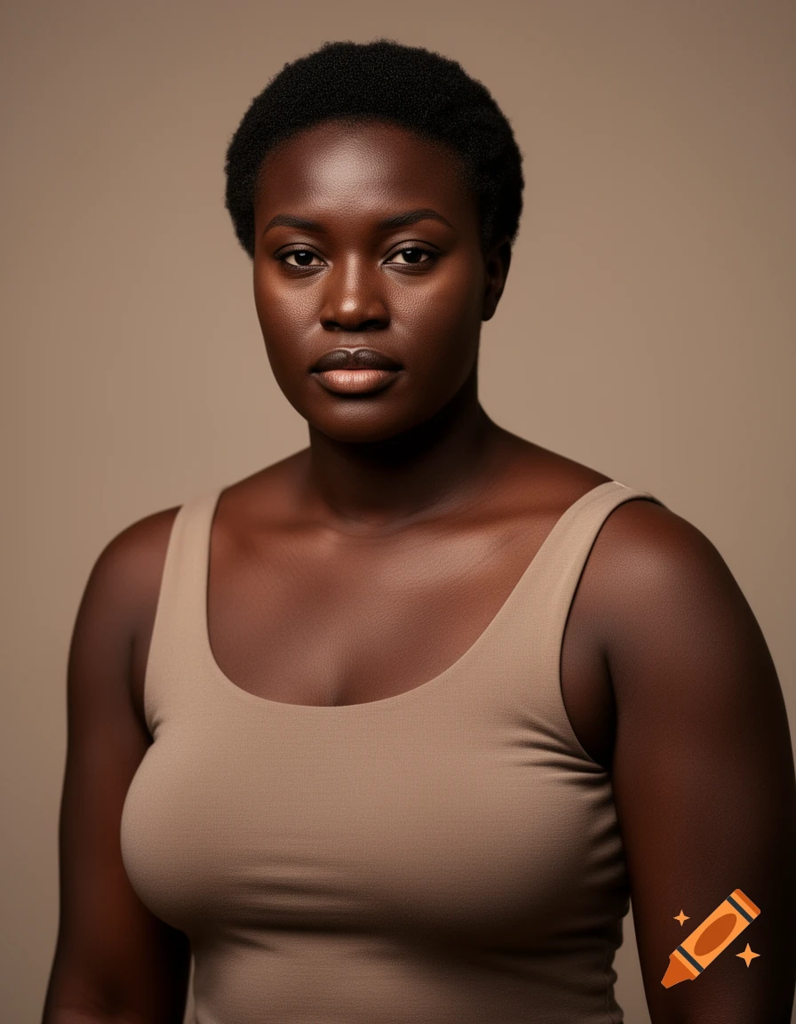 Photorealistic portrait of a dark-skinned woman with short hair wearing a beige tank top.