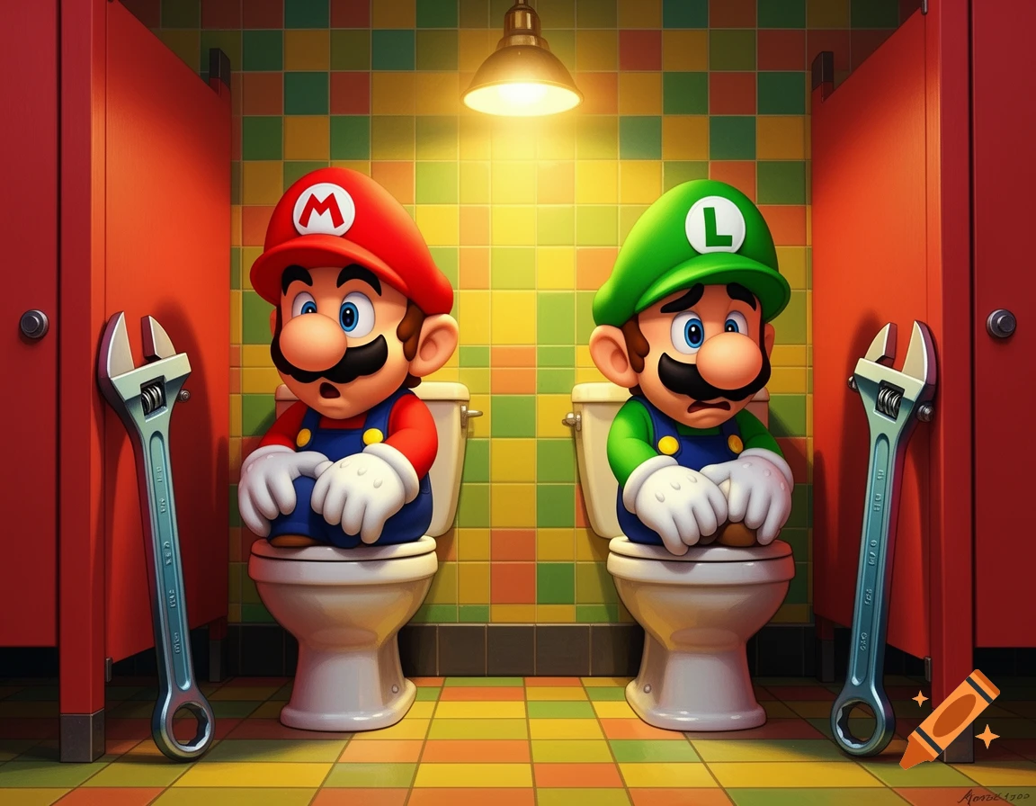 Cartoon Mario and Luigi sit on separate toilets in a brightly tiled bathroom, each with a large wrench leaning against their stall.