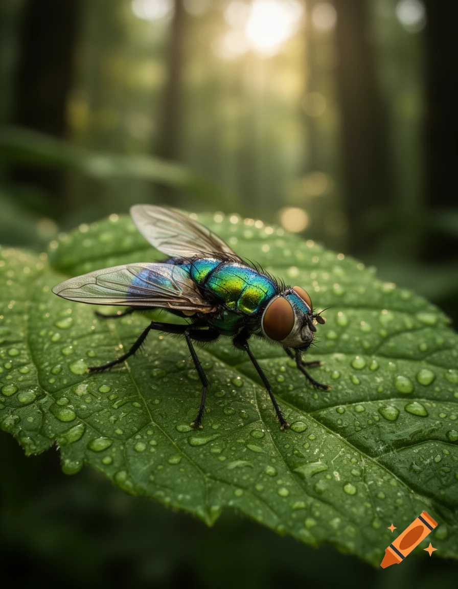 A metallic green fly with large reddish-brown eyes rests on a dew-covered green leaf in a forest, with sunlight filtering through the trees.