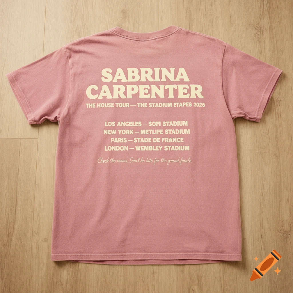 Back of a pink vintage t-shirt with 'Sabrina Carpenter' and tour dates printed in cream-white text, lying on a wooden floor.