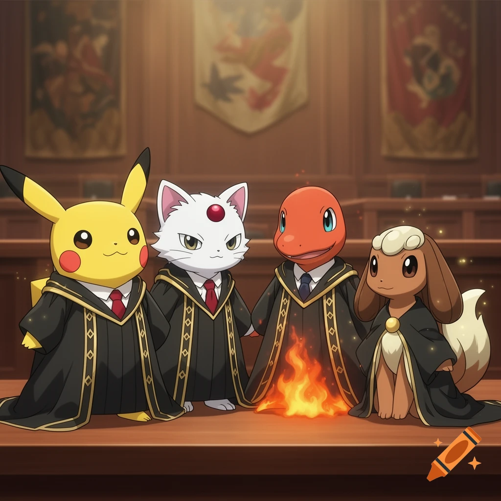 Pikachu, a white cat-like Pokemon, Charmander, and Eevee wearing black and gold judge robes in a courtroom, with fire at Charmander's feet.