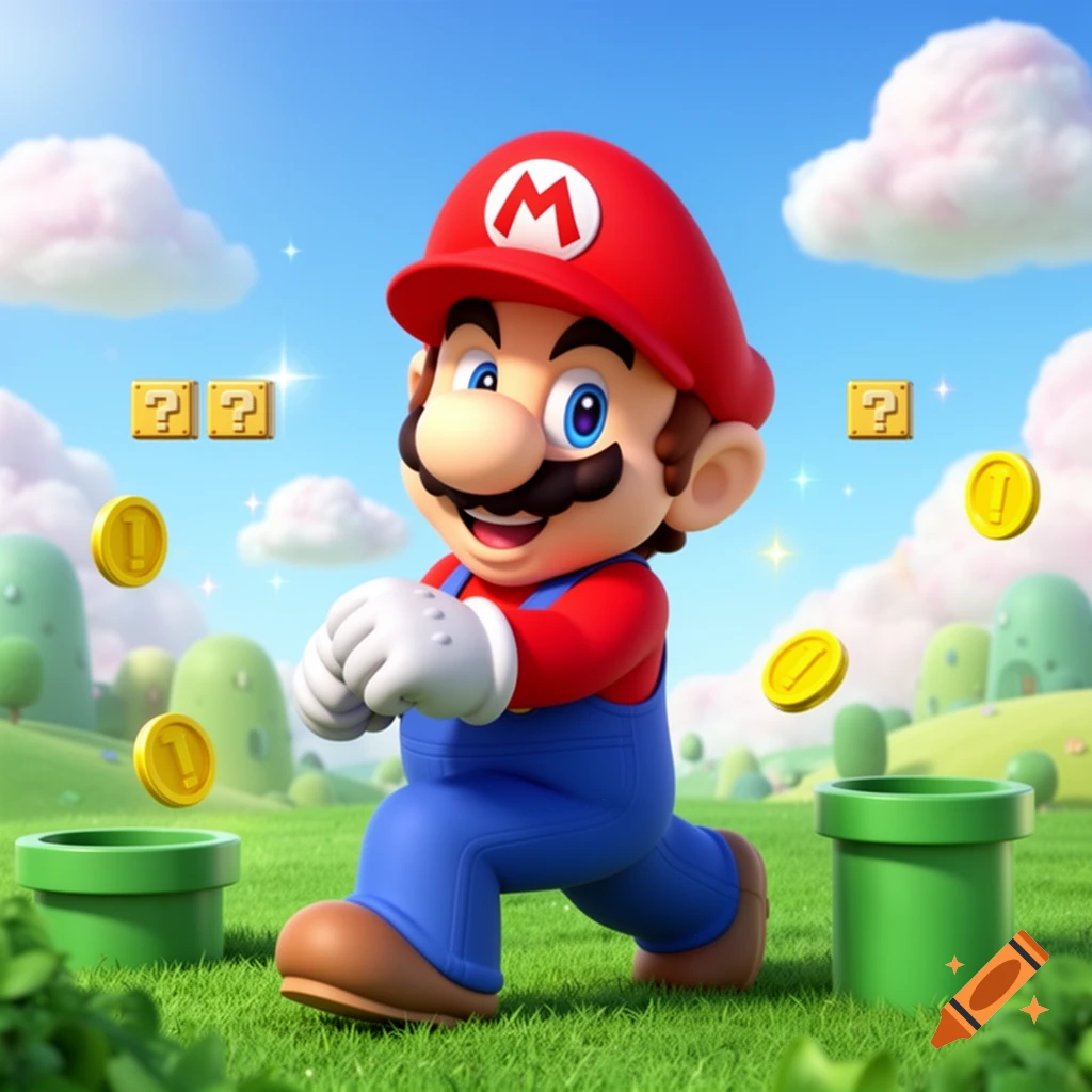 Mario strides through a vibrant 3D cartoon landscape with green pipes, floating coins, and question mark blocks under a blue sky.