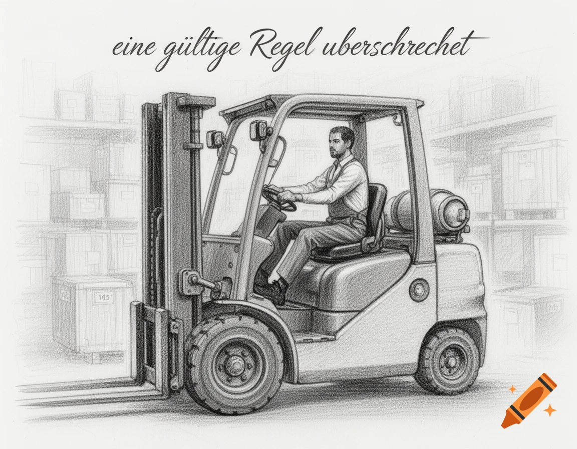 Pencil drawing of a man driving a forklift in a warehouse, with the text "eine gültige Regel überschreitet" above.