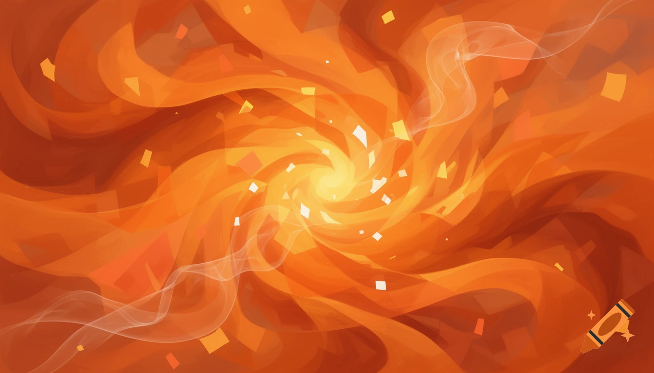 Vibrant abstract background with swirling orange and yellow hues, sparkling particles, and wisps of white smoke.