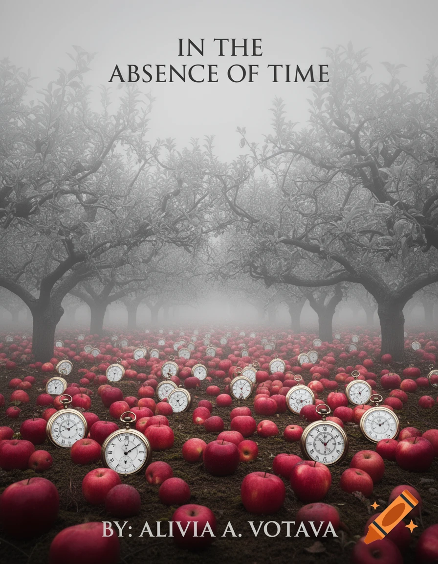 A misty, monochromatic orchard filled with red apples and vintage pocket watches on the ground, with a book title 'In The Absence of Time' and author 'By: Alivia A. Votava'.