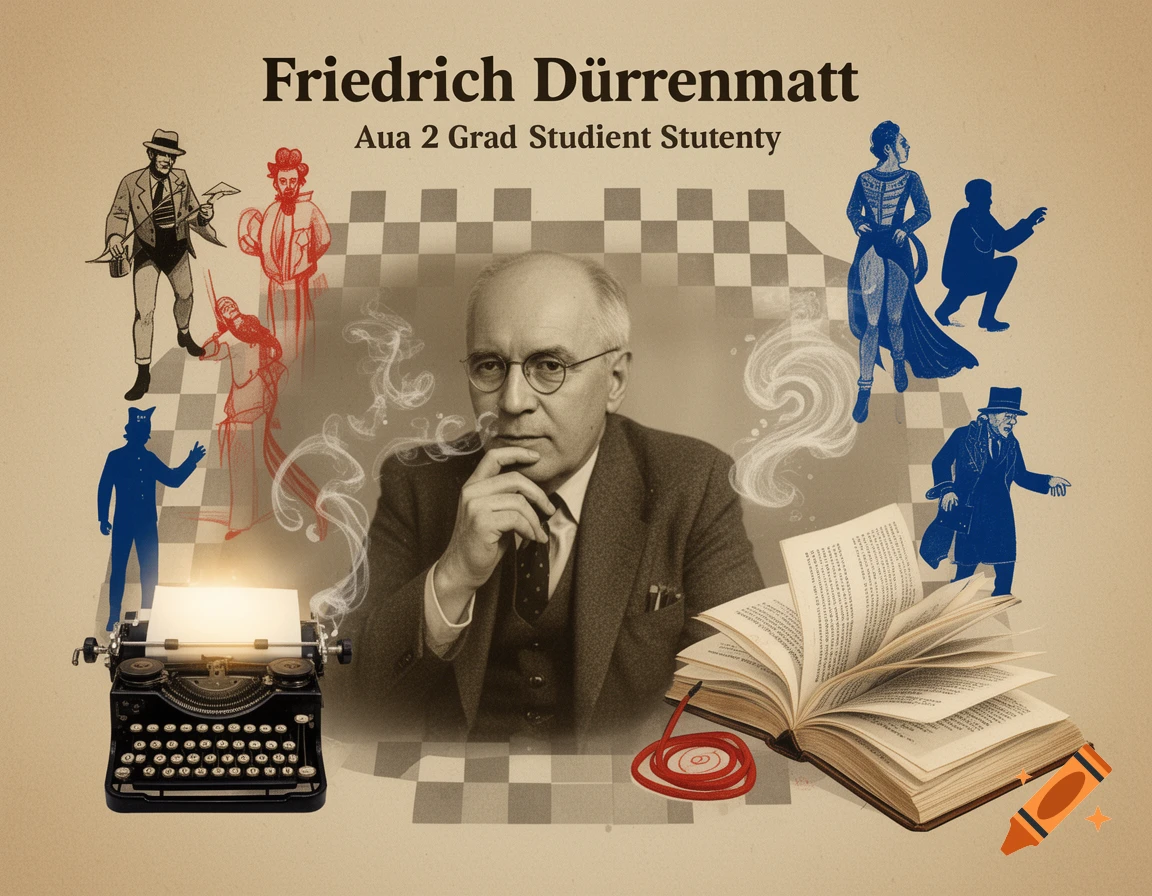 A collage featuring a central portrait of Friedrich Dürrenmatt, surrounded by stylized red and blue figures, a typewriter, an open book, and a chessboard pattern.