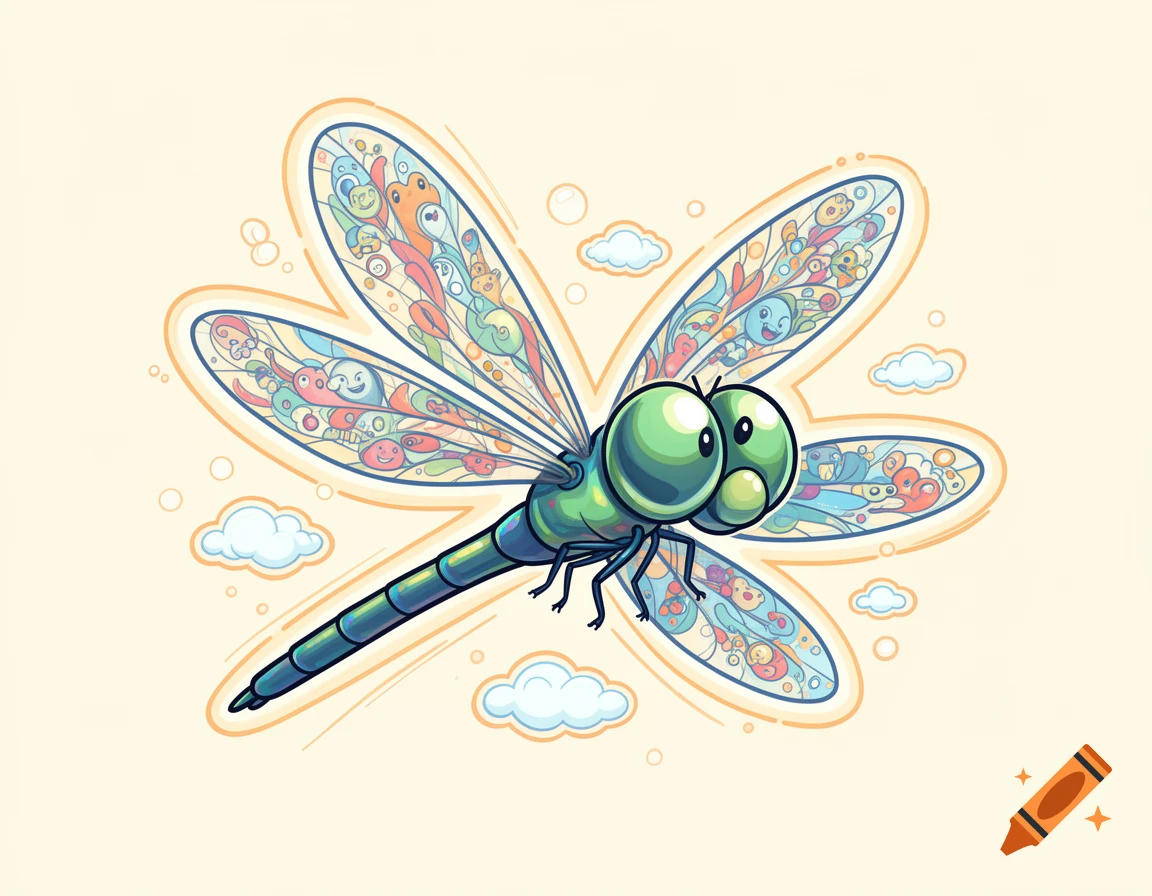 A vibrant cartoon dragonfly with large green eyes and wings filled with colorful doodle patterns, flying against a light background with small clouds.