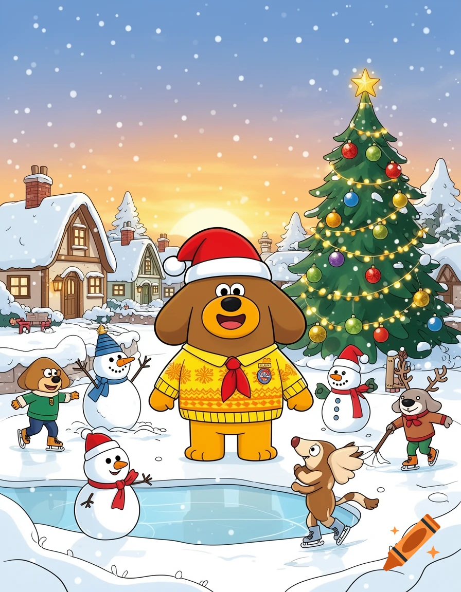 Hey Duggee and friends ice skating and building snowmen in a snowy village scene with a Christmas tree at sunset, cartoon style.