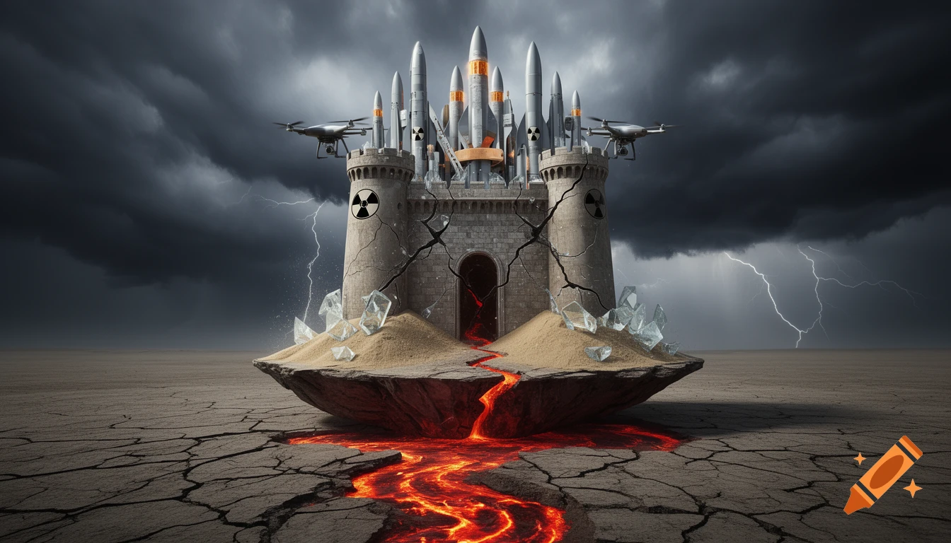 A cracking fortress made of missiles and drones, bearing nuclear symbols, on a floating island with lava under a stormy, lightning-filled sky.