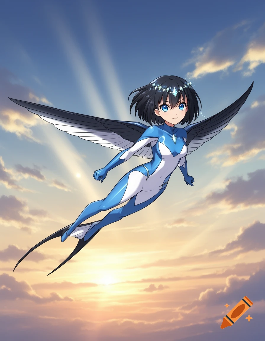 Anime superhero girl with bird wings and a blue-white suit flying in a dramatic sunset sky.