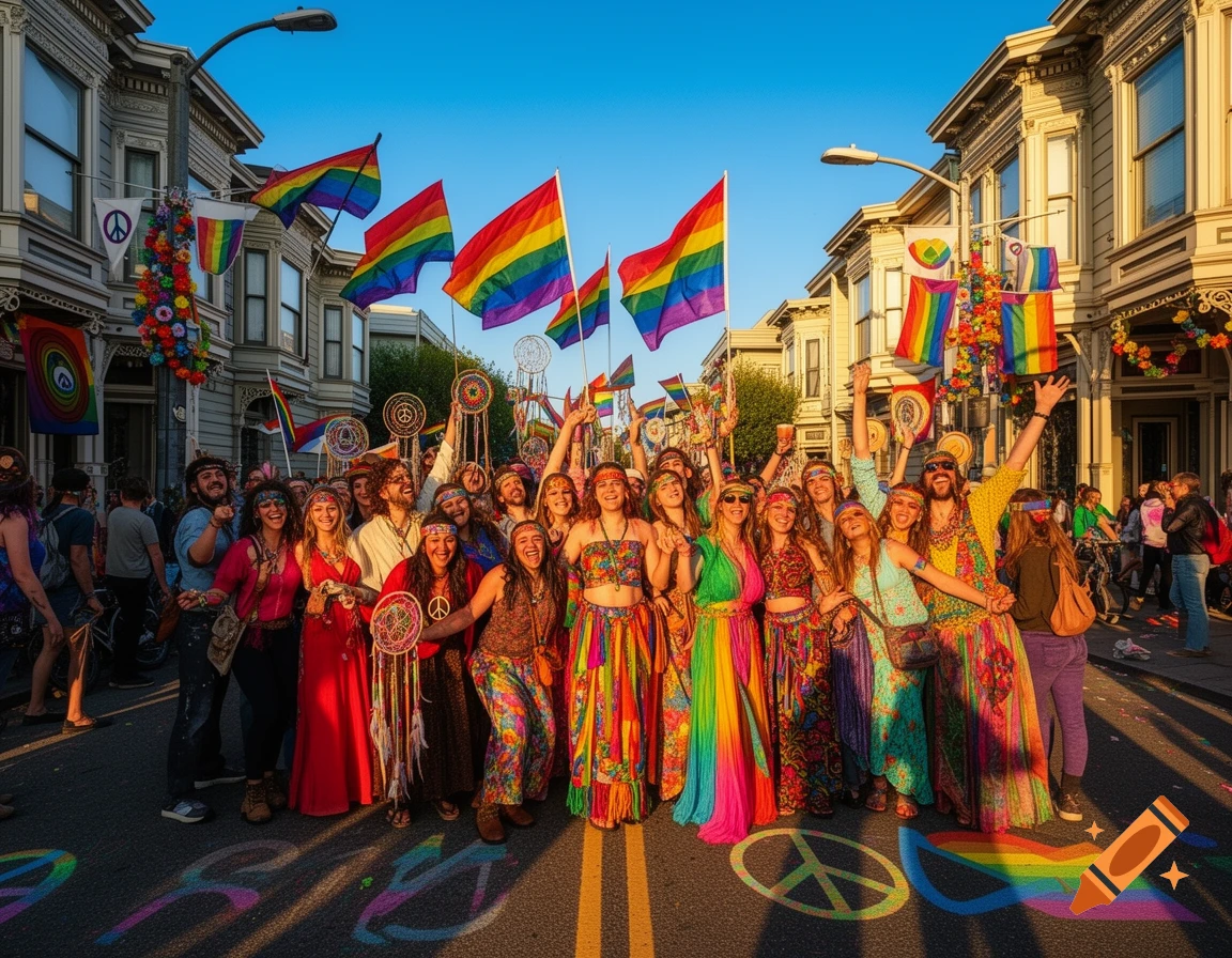 A large group of smiling hippies in colorful clothing celebrate Pride Month in a street decorated with rainbow flags and peace symbols.