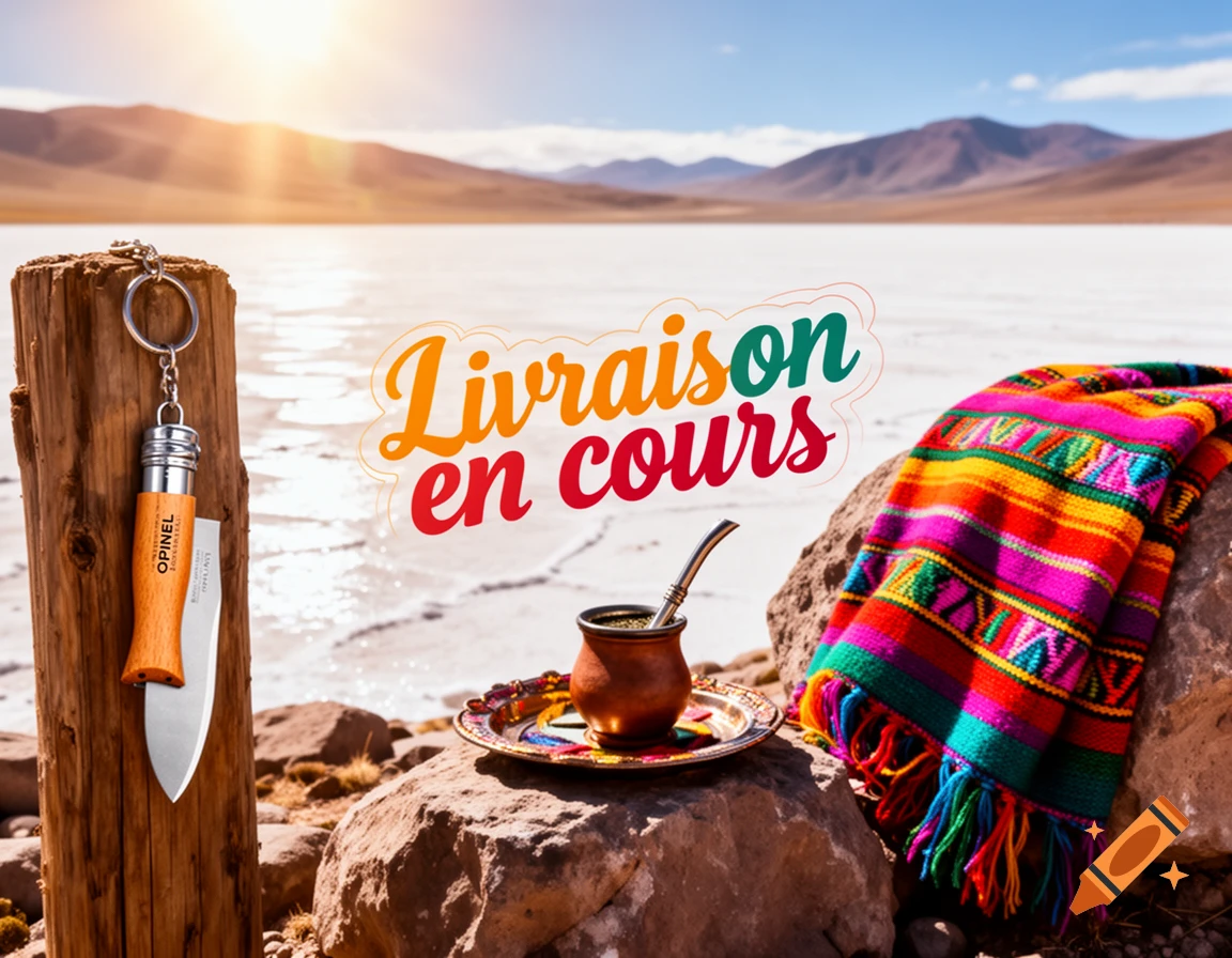 A photorealistic image of an Opinel knife keychain, mate drink, and colorful blanket on rocks in a sunny Bolivian salt flat landscape. Text says 'Livraison en cours'.
