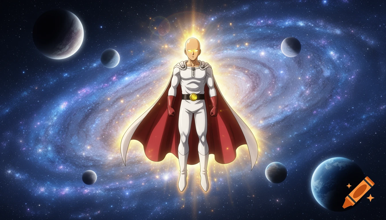 Anime superhero Saitama glowing brightly and levitating in a vibrant galaxy with planets.