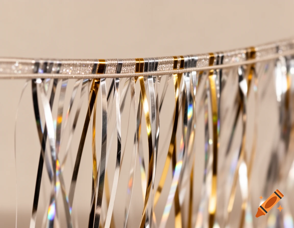 Close-up of shiny gold and silver metallic strips hanging vertically from an elastic band.