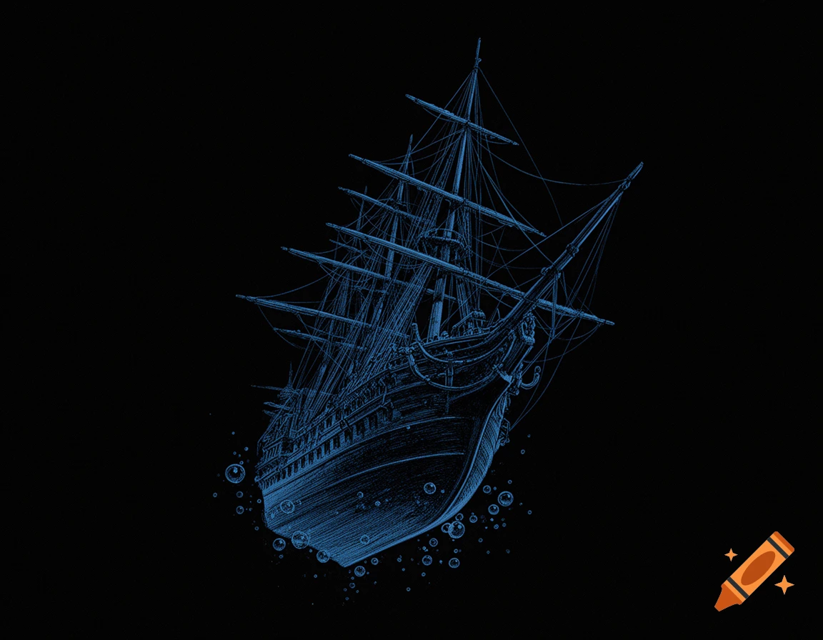 Blue line art illustration of a sinking pirate ship with bubbles on a black background.