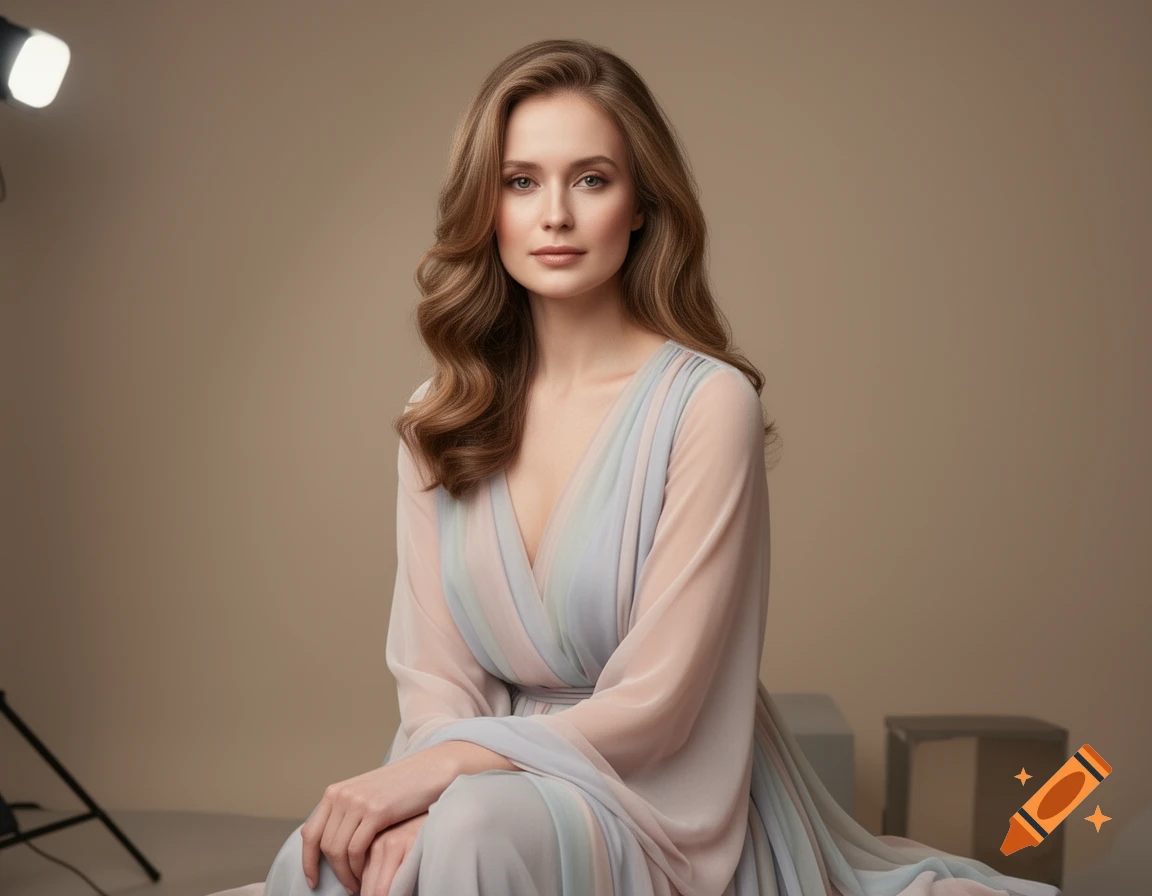 A woman with wavy brown hair wearing a pastel sheer dress sits in a studio, illuminated by a soft light.