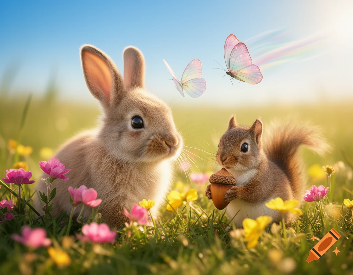 A cute bunny and a squirrel holding an acorn sit among pink and yellow flowers in a sunny field, with butterflies flying overhead.