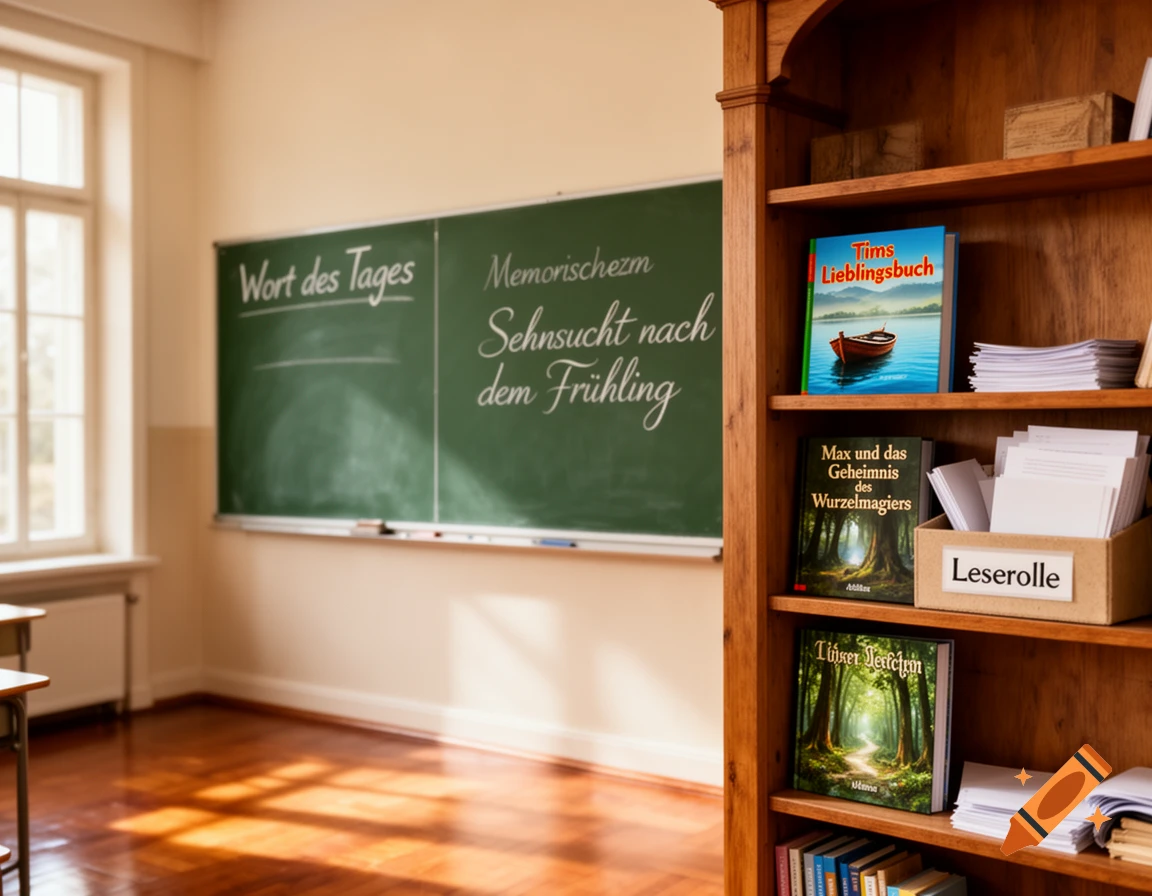 A photorealistic image of a bright classroom with a green blackboard and a wooden bookshelf filled with books and papers.