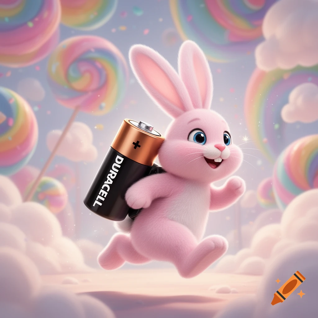 A cute pink cartoon bunny with a Duracell battery on its back runs through a pastel wonderland of lollipops and clouds.