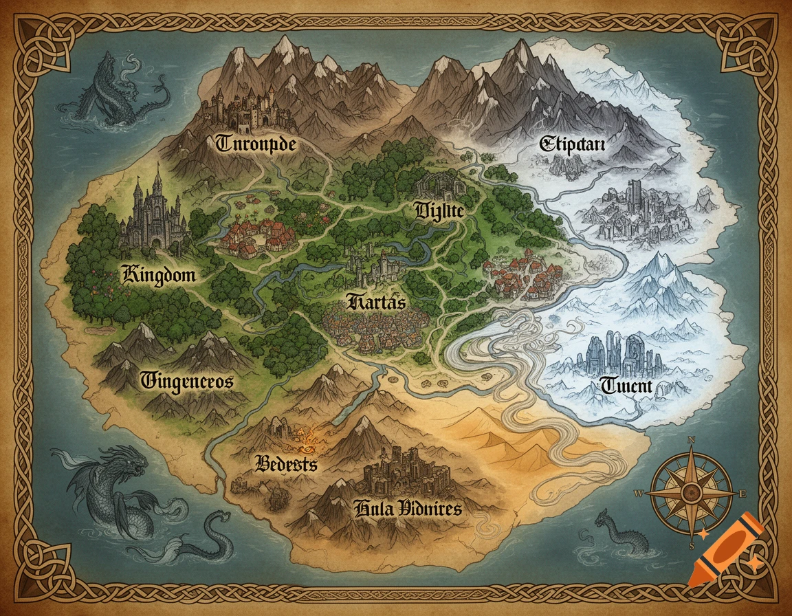 Detailed 2D fantasy map of an island with varied biomes, castles, cities, mountains, rivers, and a compass rose. Two sea serpents swim in the surrounding waters.