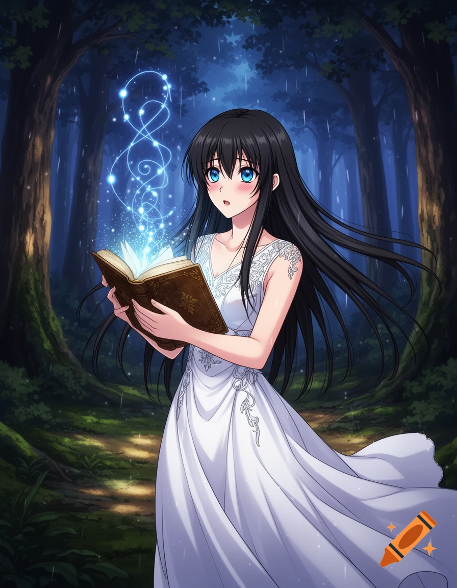 An anime girl with long black hair and blue eyes, wearing a white dress, holds an open book glowing with blue magic in a dark forest.