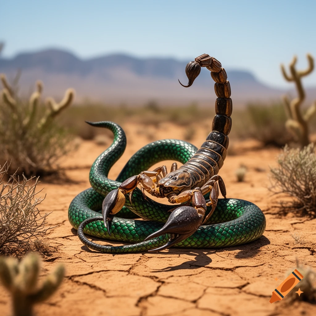 A photorealistic image of a scorpion with a green snake coiled around it on cracked desert ground, with cacti and mountains in the background.