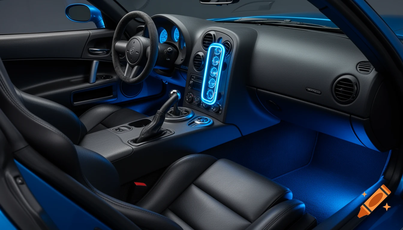 Modern sports car interior with black leather seats, manual stick shift, and vibrant cyber-blue neon dashboard and footwell lighting.