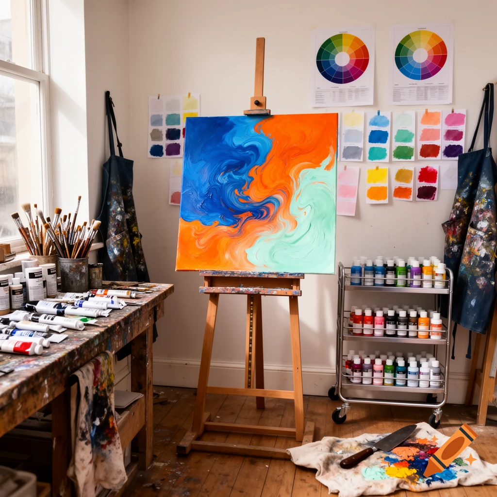 A vibrant abstract painting on an easel in an art studio, surrounded by paint tubes, brushes, and color charts.