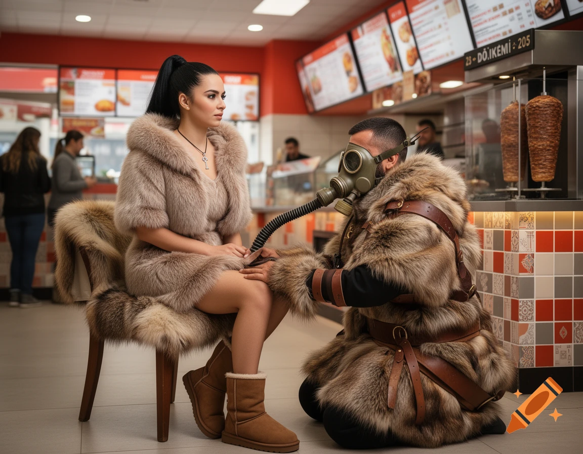 Photorealistic image of a woman in a fur coat seated on a fur chair, while a man in a gas mask and fur costume kneels before her in a döner shop.