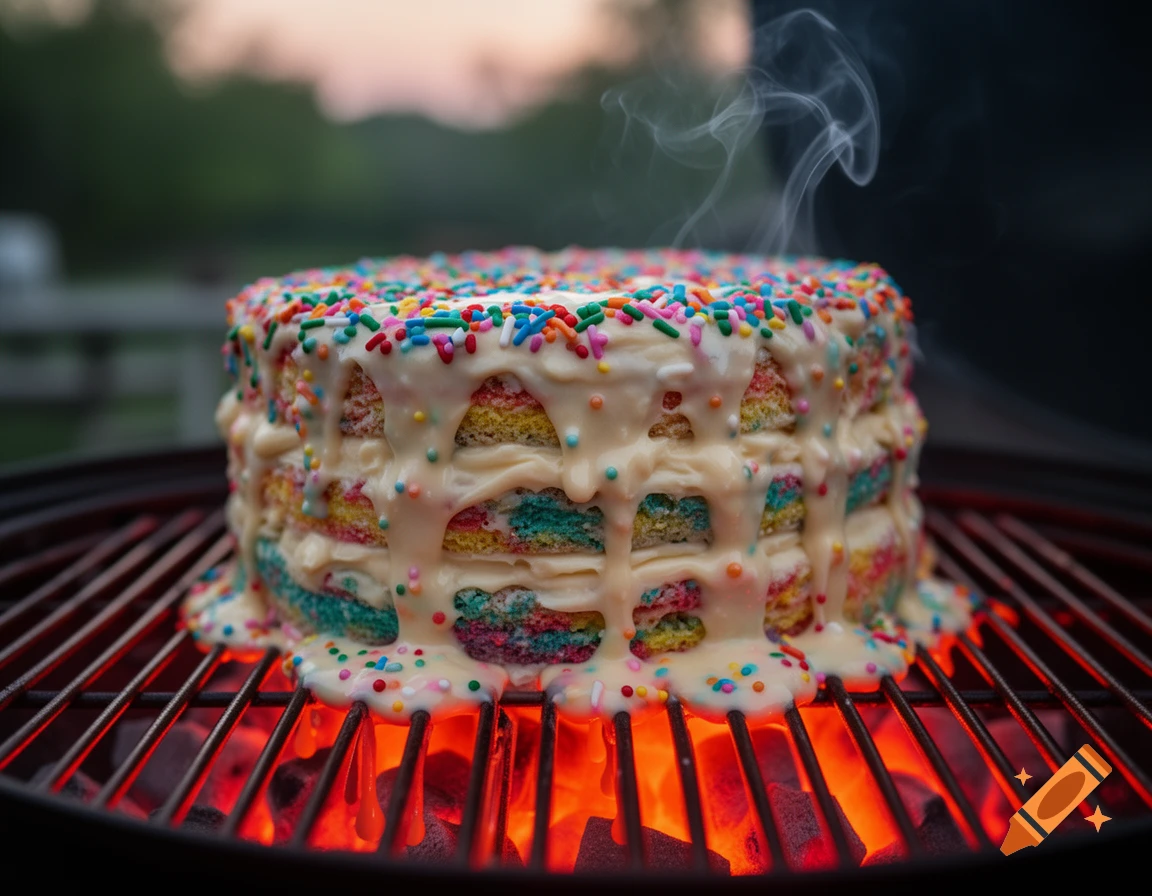 A colorful sprinkle-covered cake with white frosting melting on a hot charcoal grill, emitting smoke against a soft green and orange background.