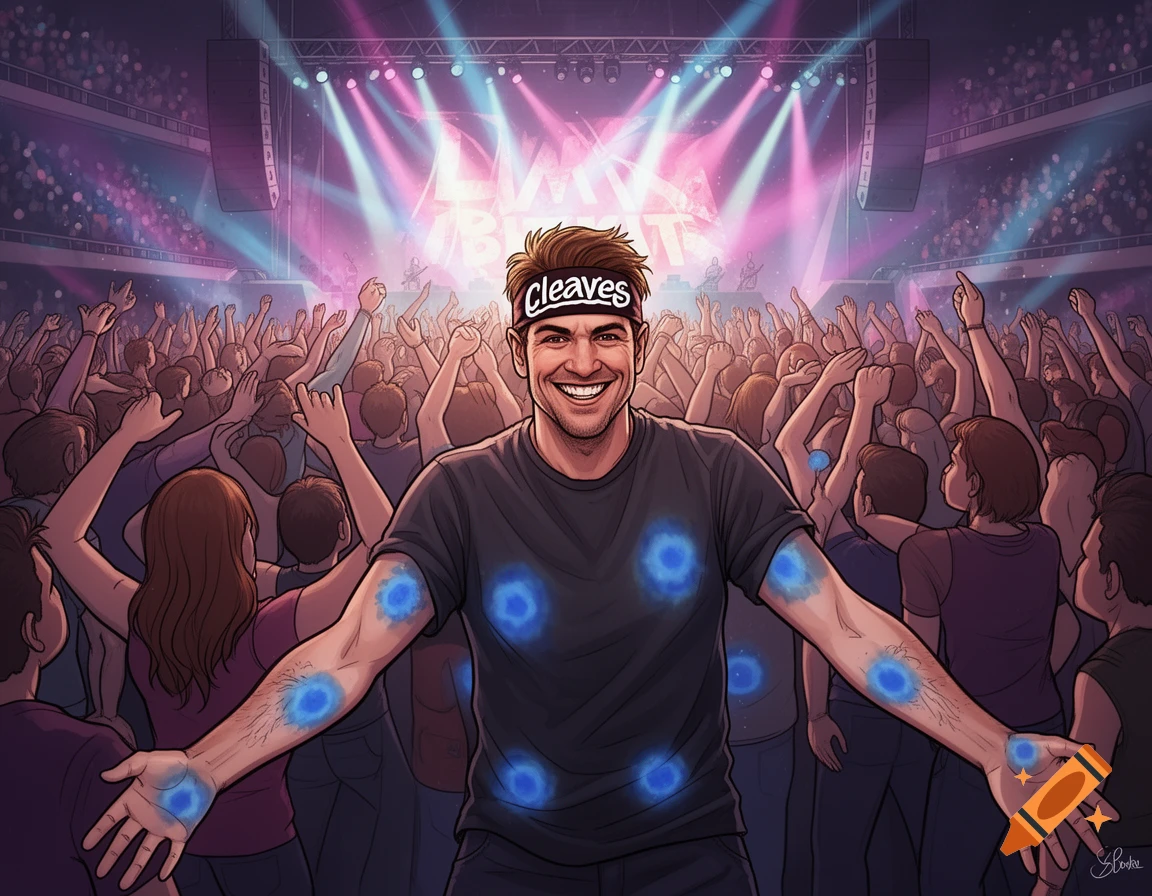 An illustration of a smiling man with a 'Cleaves' headband and blue spots, in a cheering concert crowd with a stage.
