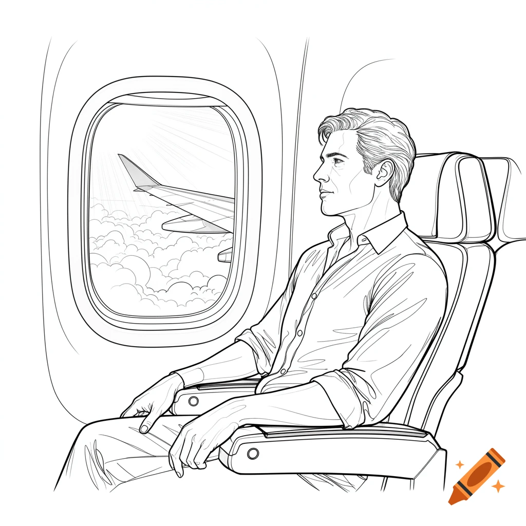 Line drawing of a man sitting in an airplane window seat, looking out at the wing and clouds.