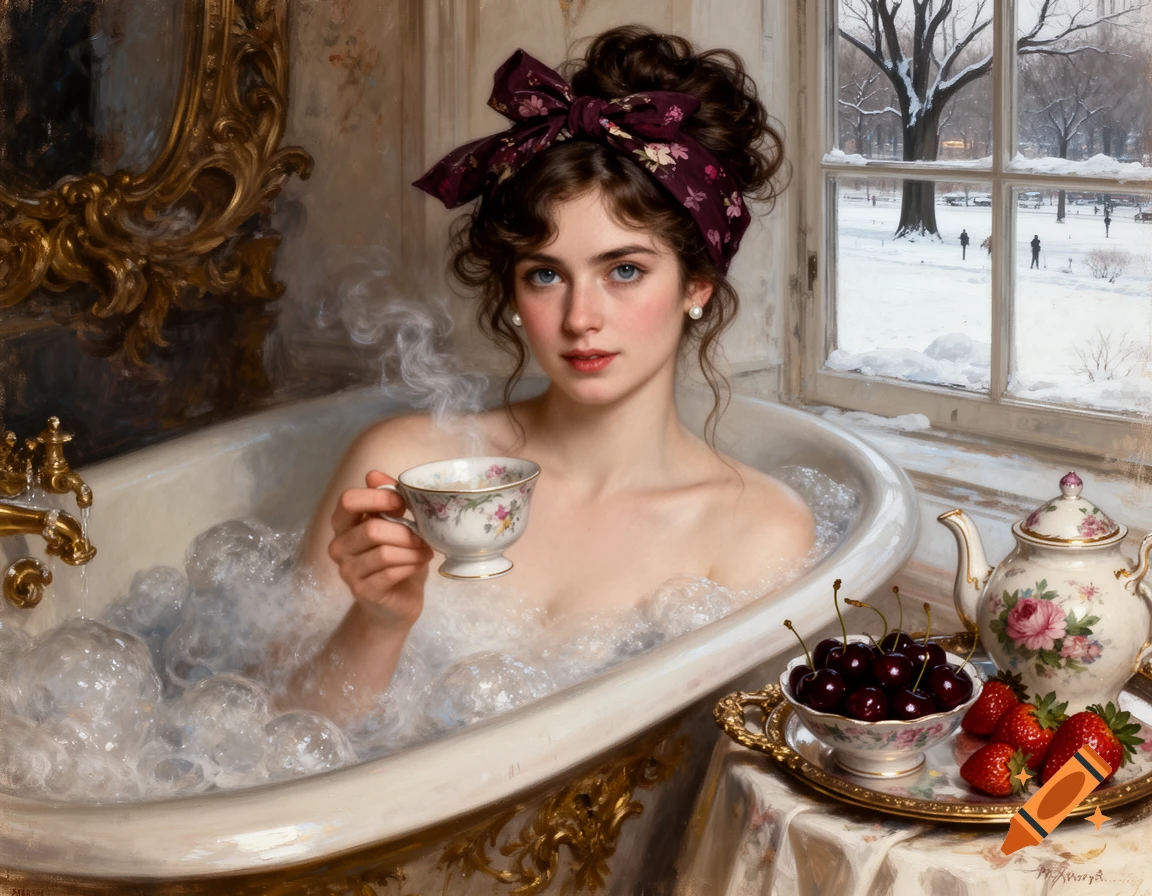 A woman in a Victorian-style bubble bath holds a steaming teacup, looking out a window at a snowy park. Oil painting.