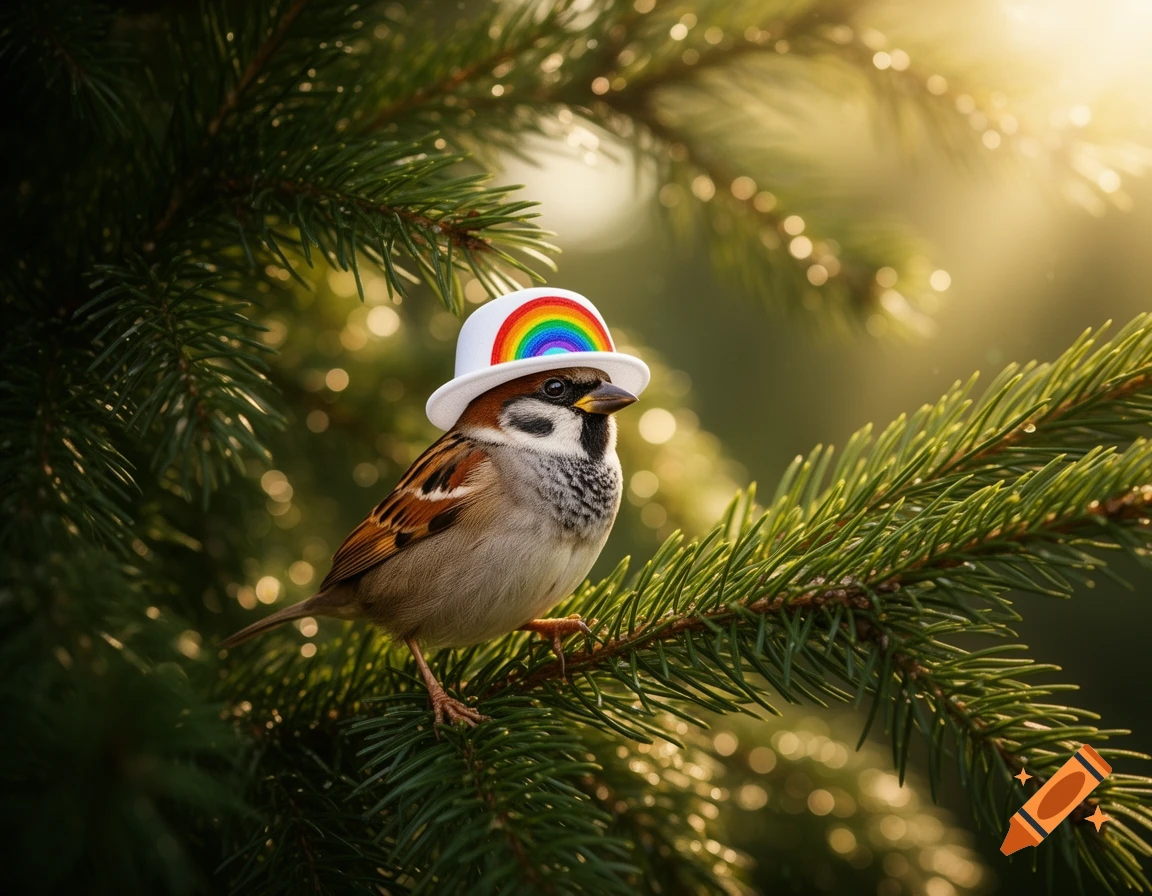 Photorealistic sparrow bird wearing a white hat with a rainbow, perched on a deep green spruce tree branch in sunlight.
