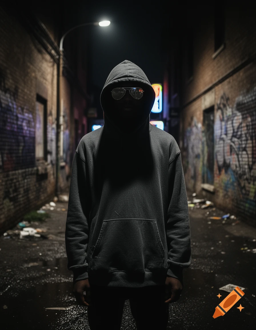 A person in a dark hoodie and sunglasses stands under a street lamp in a gritty, graffiti-covered urban alley at night.