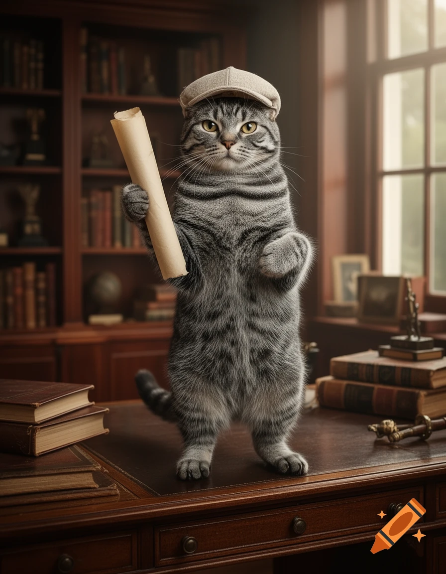 Photorealistic gray tabby cat wearing a cap, standing on a desk in a library, holding a rolled document.