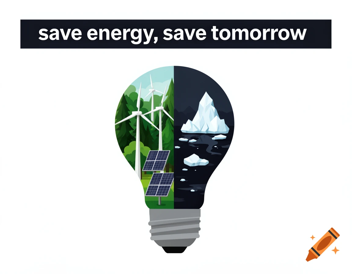 A vector illustration of a lightbulb split in half; one side shows green forest, wind turbines, and solar panels, the other shows melting ice in dark water. Text: 'save energy, save tomorrow'.