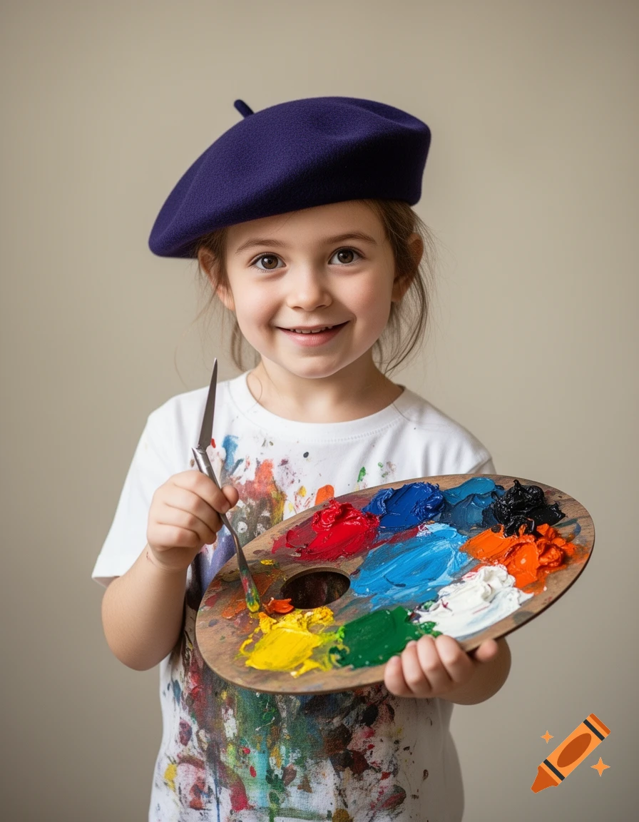 A smiling young girl in a purple beret and paint-splattered white shirt holds an artist's palette with colorful paints and a brush.