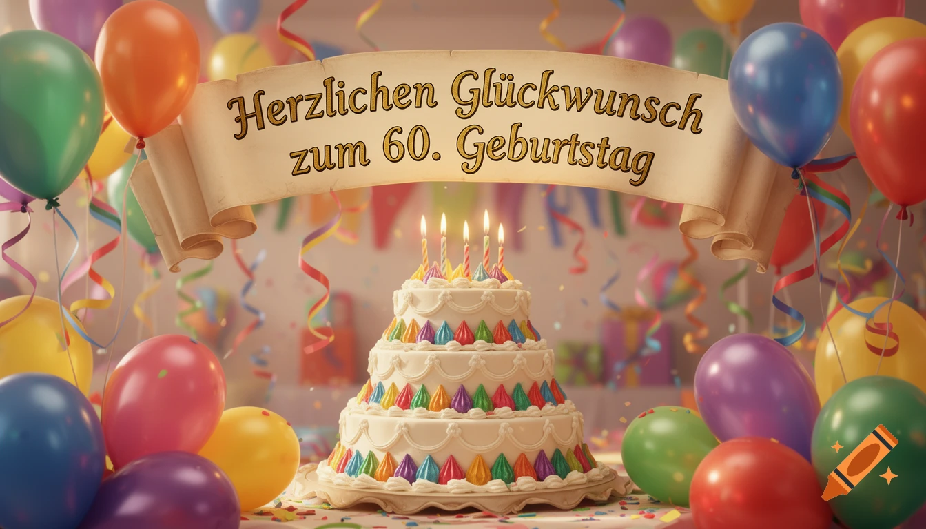 A tiered birthday cake with lit candles, colorful decorations, and a banner reading 'Herzlichen Glückwunsch zum 60. Geburtstag,' with balloons.