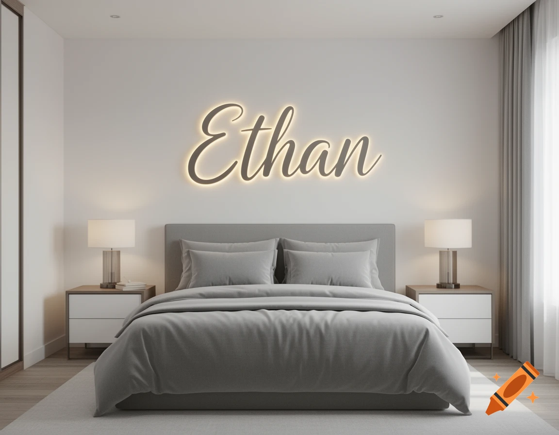Modern bedroom with a grey bed, two nightstands with lamps, and a glowing 'Ethan' sign on the wall.