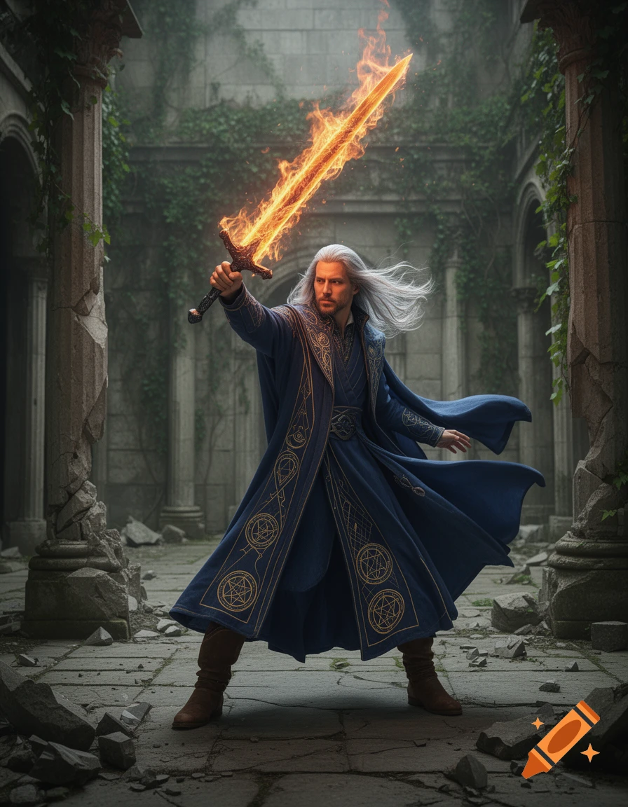 Photorealistic mage with white hair in a blue robe holding a flaming sword aloft amidst ancient ruins.