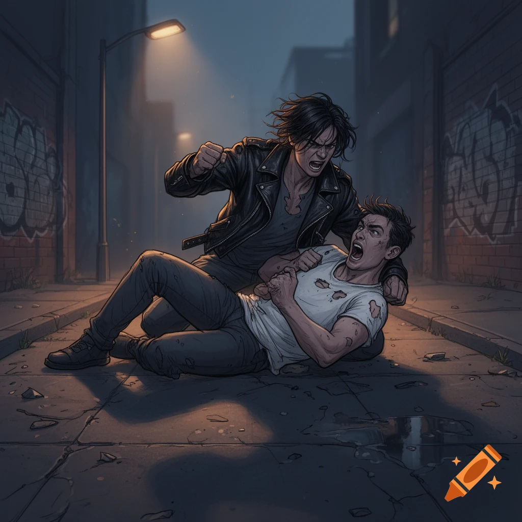 A drawing of two men brawling on the ground in a dark, graffiti-covered alley under a streetlamp at night.