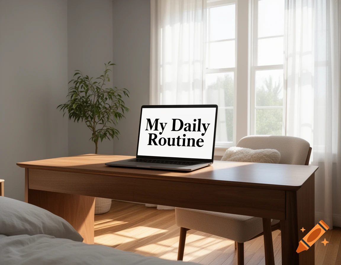 A laptop on a wooden desk displays 'My Daily Routine' in a bright, modern home office with a plant and large window, photorealistic.