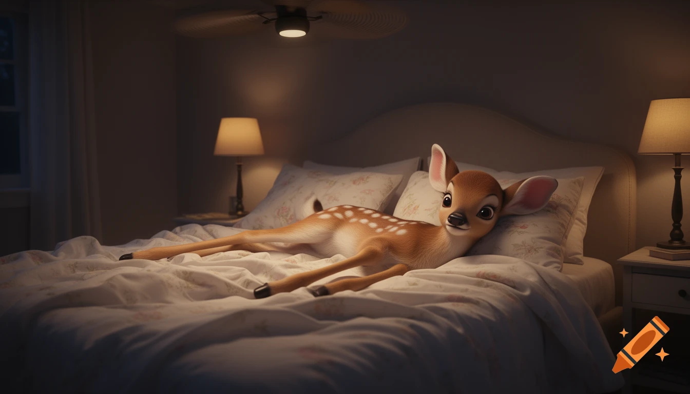A cute, photorealistic Bambi fawn lies on its belly on a white bed in a dimly lit bedroom at night.