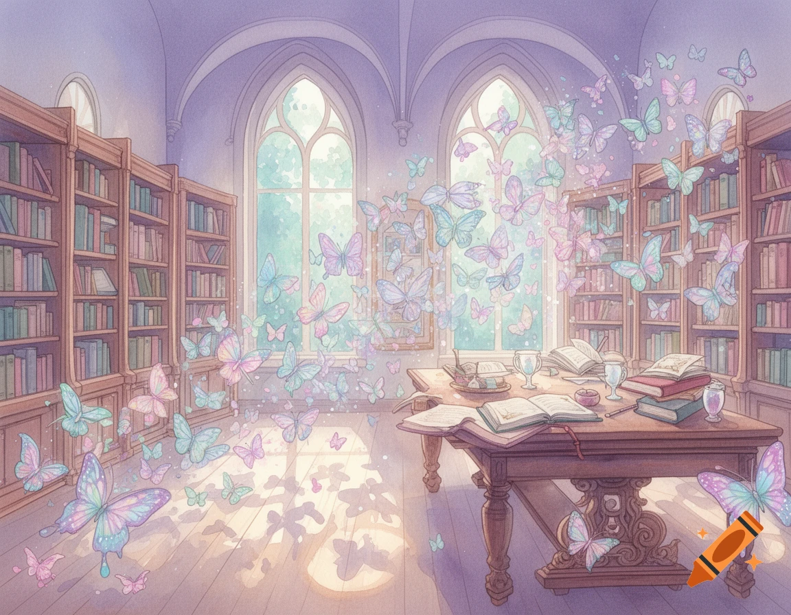 A dreamy watercolor illustration of a library with bookshelves, a table with open books, and numerous pastel butterflies fluttering around.