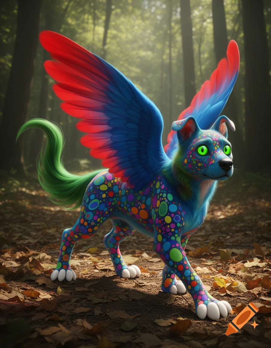 A vibrant blue dog-like creature, resembling an alebrije, with multi-colored polka dots, large red and blue wings, a long green tail, bright green eyes, and white paws, stands on a leaf-covered forest floor.
